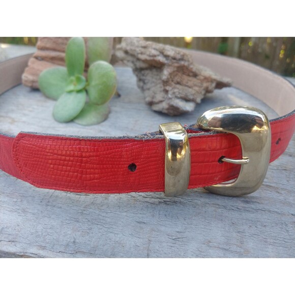 Vintage Red Leather Lizard Print Womans Belt By Calderon - Picture 3 of 10
